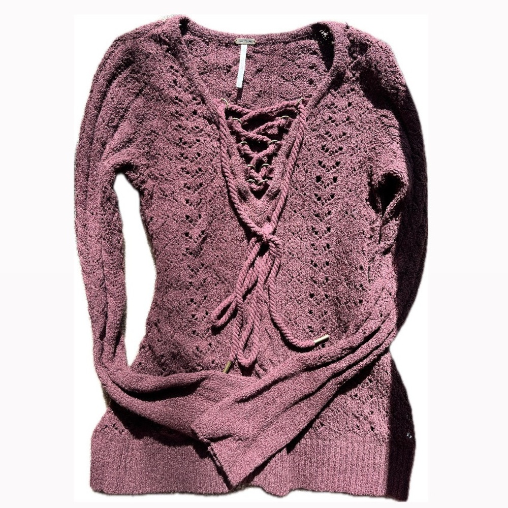 Free People Ginger Criss Cross Lace Up Sweater Burgundy XS y2k